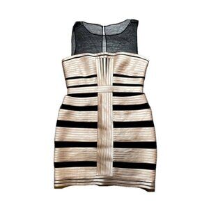 BCBG Max Azria Gold Striped Formal Dress Sheer Shoulders Party Banquet